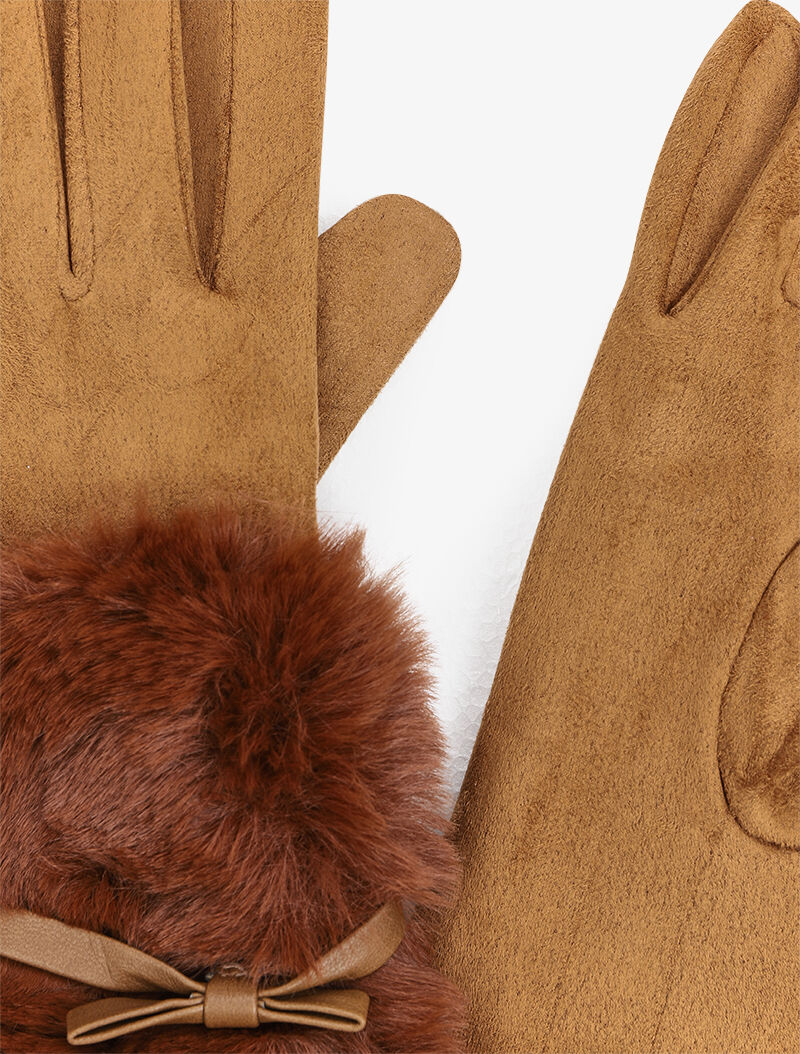 Gants suédés à détail fausse fourrure et noeud - Camel - 2