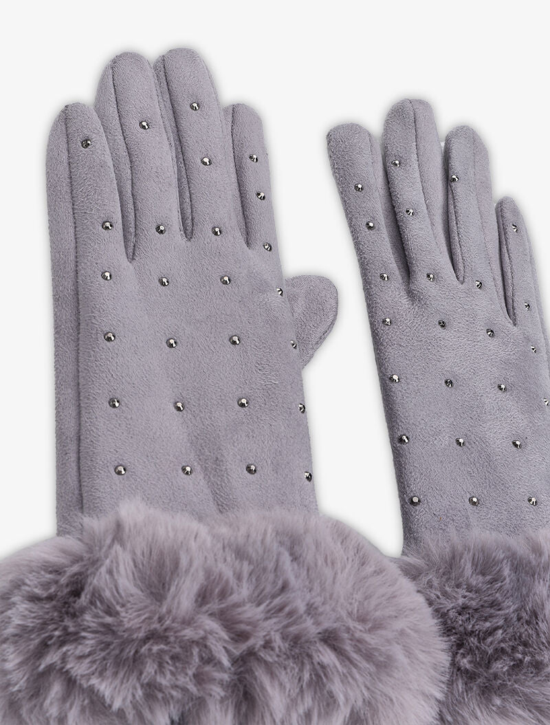 Gants en suédine à détails strass et fausse fourrure - Gris clair - 2