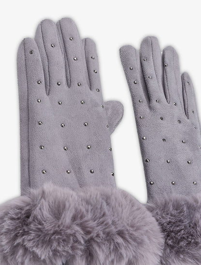 Gants en suédine à détails strass et fausse fourrure - Gris clair - 2
