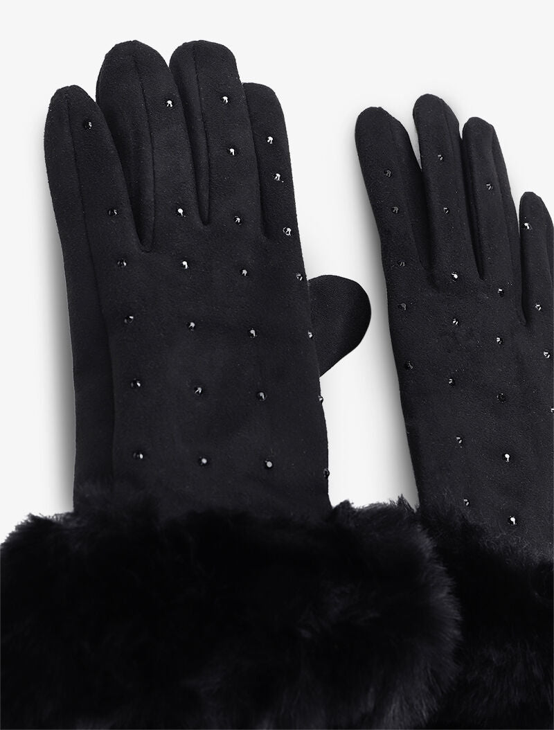 Gants en suédine à détails strass et fausse fourrure - Noir - 2