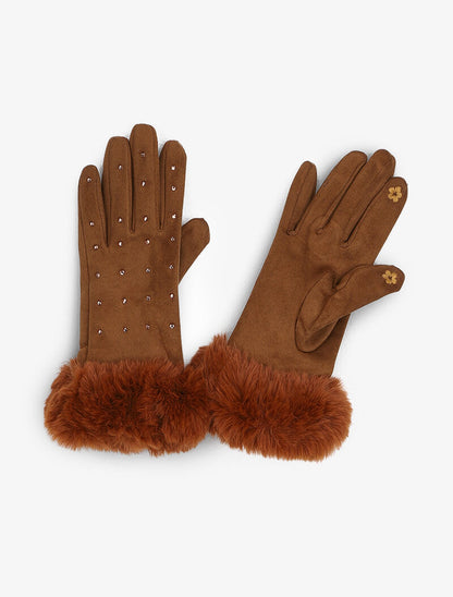 Gants en suédine à détails strass et fausse fourrure - Camel - 1