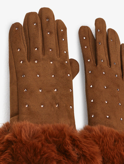 Gants en suédine à détails strass et fausse fourrure - Camel - 2