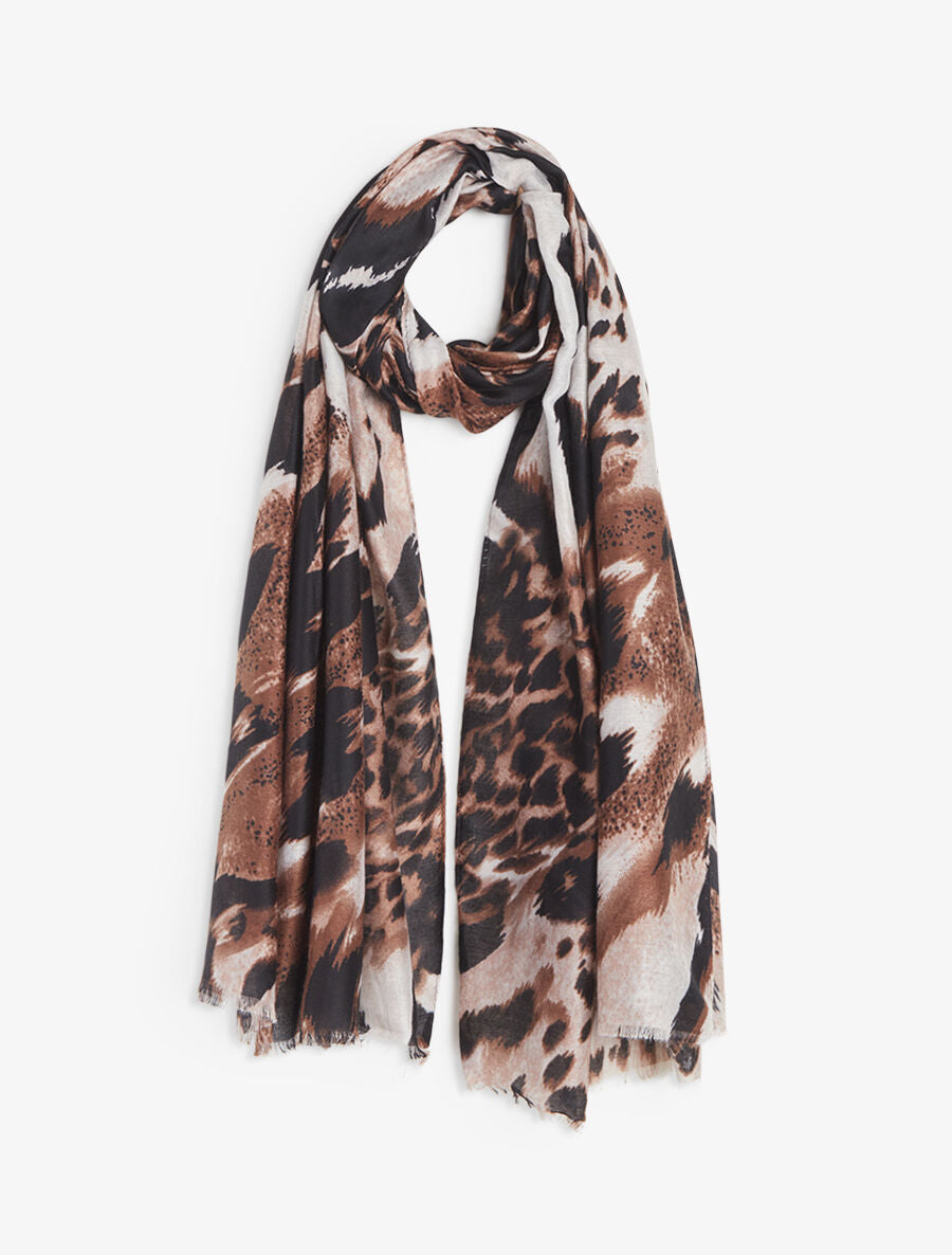 Foulard à bords éffilochés imprimé animal - Marron - 1
