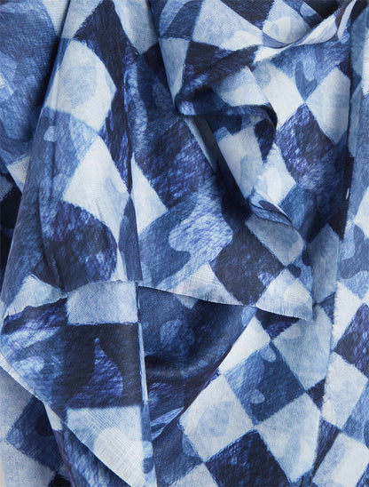 Foulard imprimé graphique et bords effilochés - Marine - 3