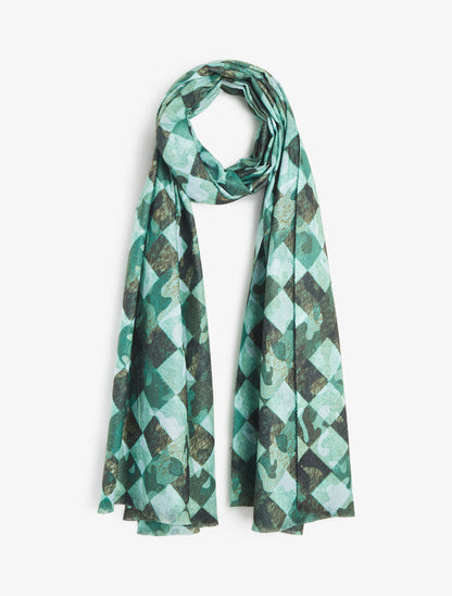 Foulard imprimé graphique et bords effilochés - Vert - 4