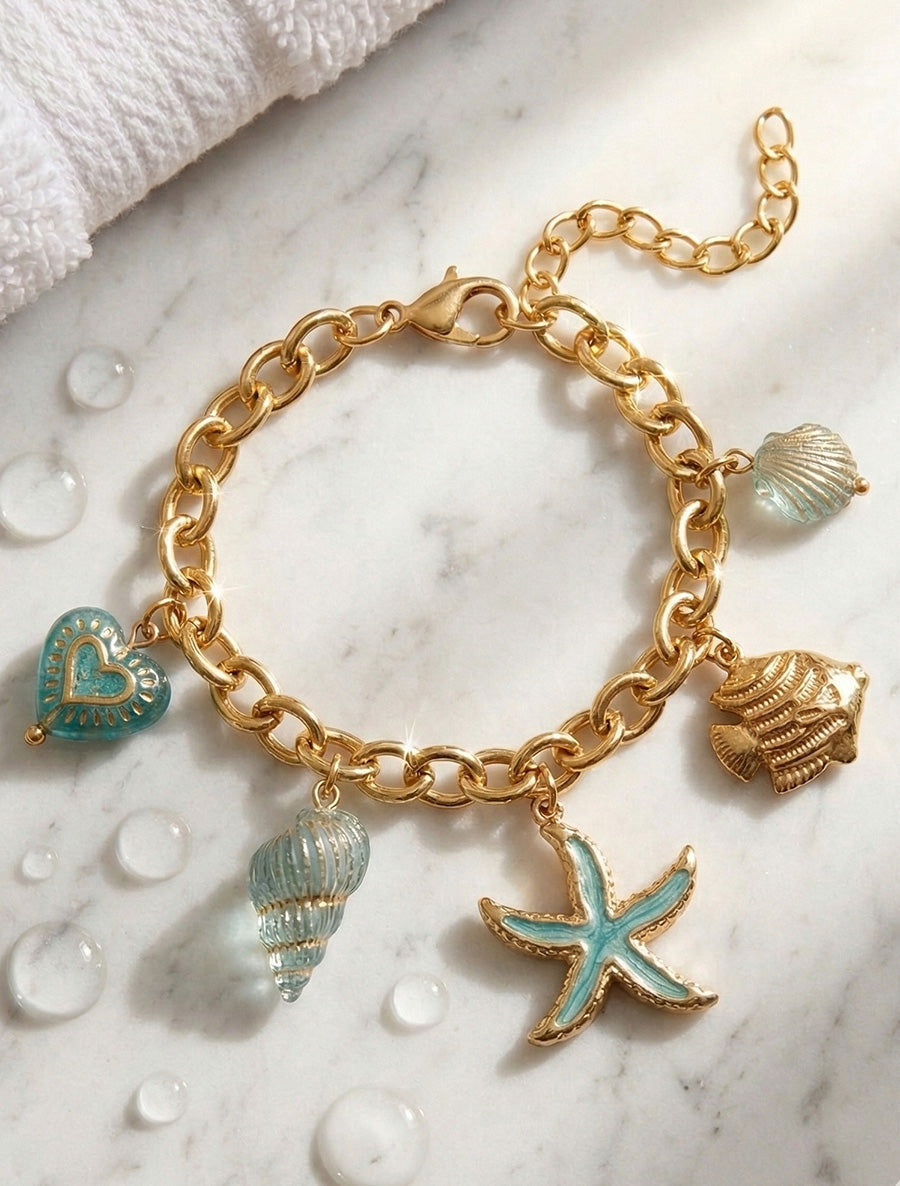 Bracelet fantaisie à motif marins et coeur - Turquoise - 1