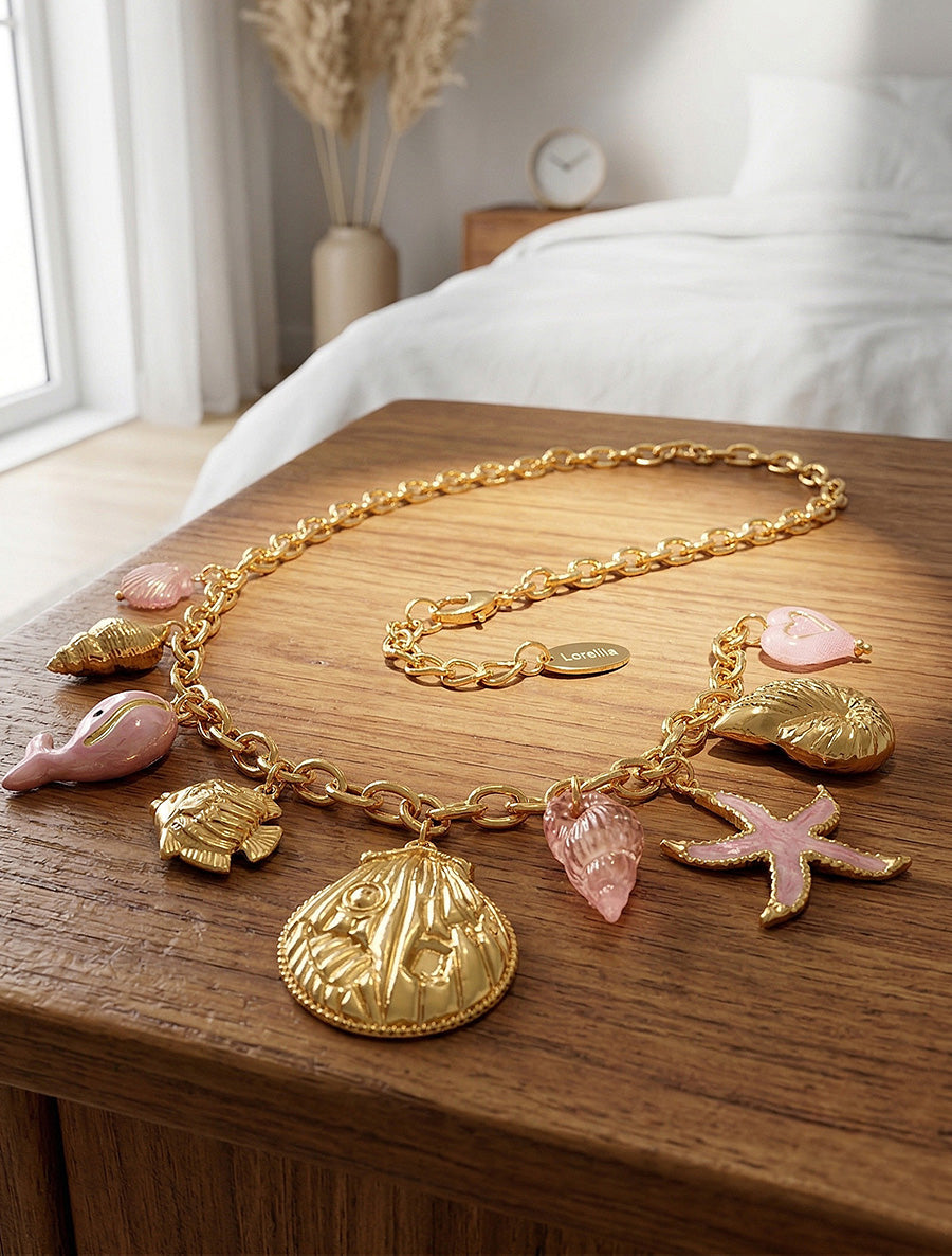 Collier fantaisie à motif marins et coeur - Rose - 1