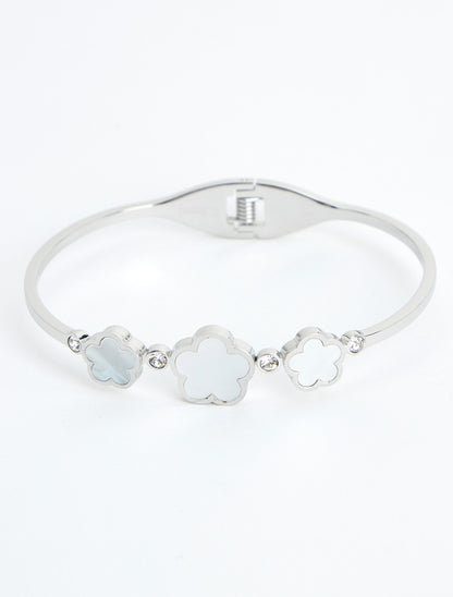 Jonc à motif fleurs et zircons - Argent - 2