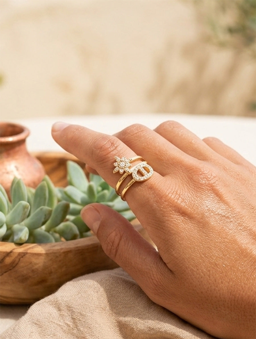 Bague à étoile et maillon strassés - Or - 1