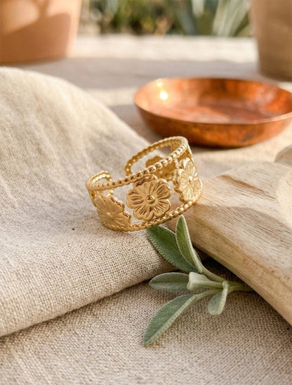 Bague à petites billes et motif floral - Or - 1
