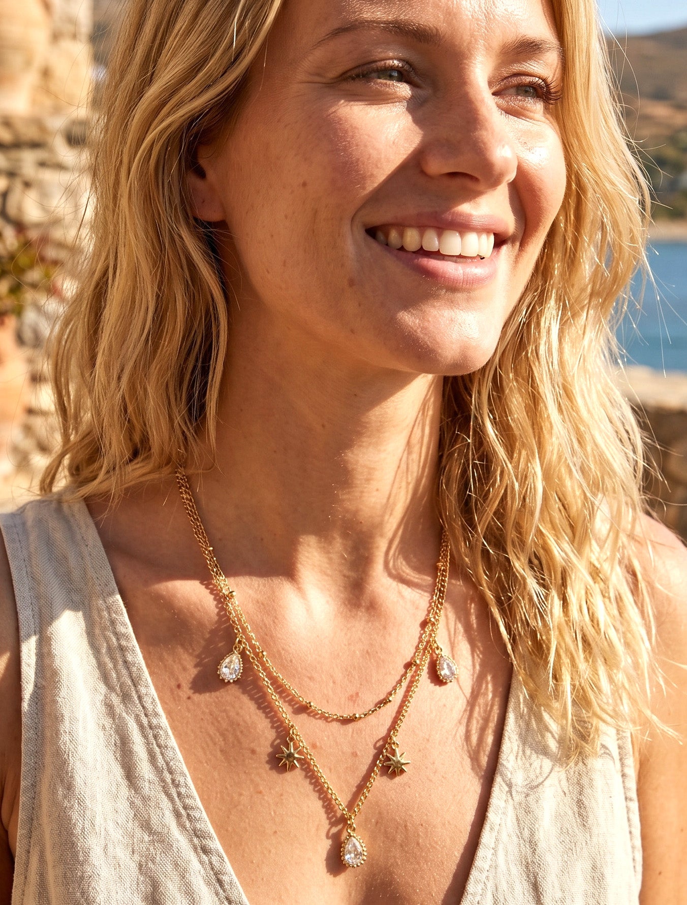 Collier double rangs à zircons et étoiles - Or - 1