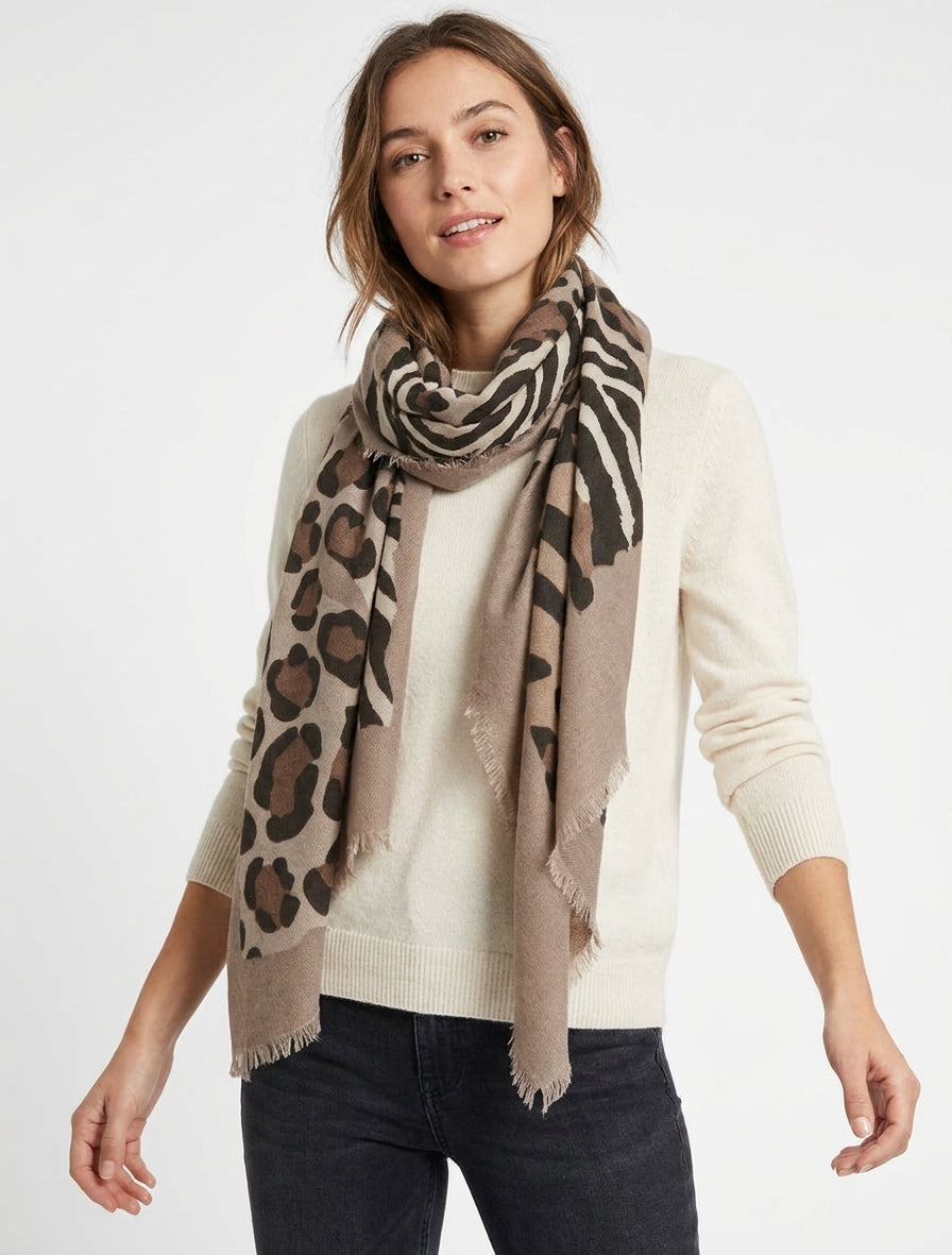 Rechteckiger Schal mit Zebra- und Leopardenmuster - Beige