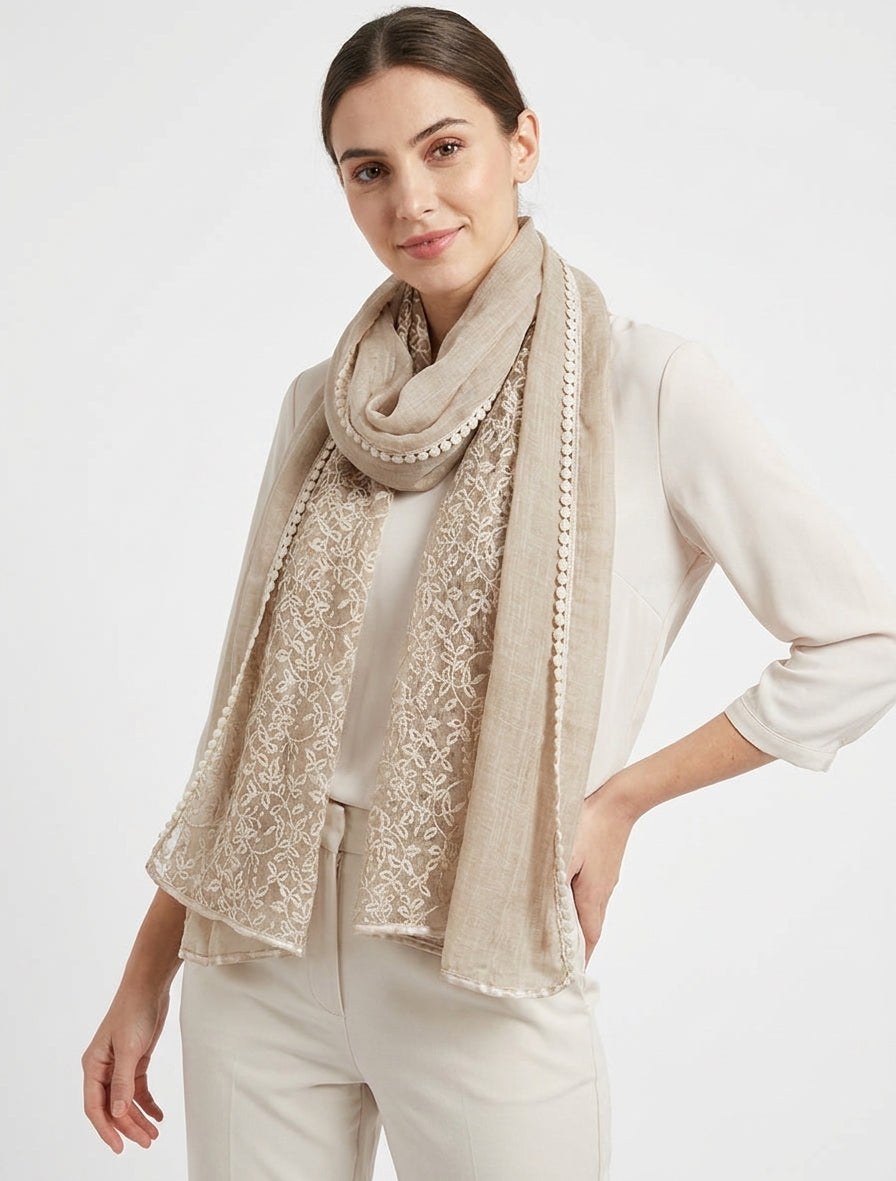 Schal mit Spitzeneinsatz - Beige