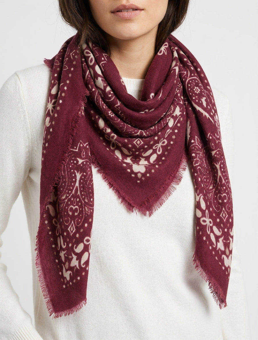 Paisley-Print-Schal mit ausgefransten Kanten - Bordeaux