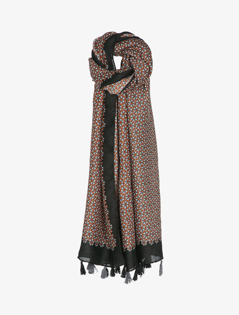Foulard à imprimé mosaïque de fleurs et bords à pompons - Noir - 3