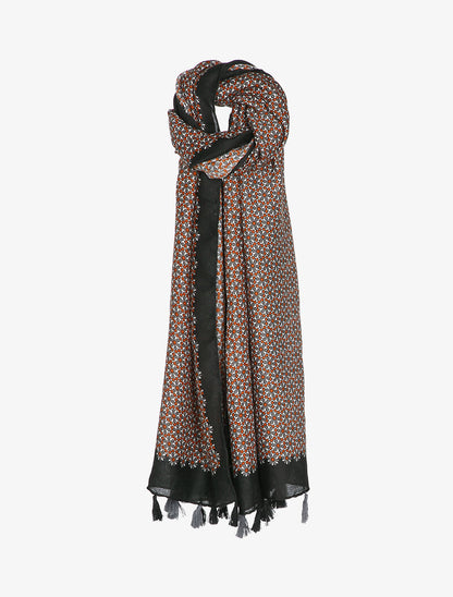 Foulard à imprimé mosaïque de fleurs et bords à pompons - Noir - 3