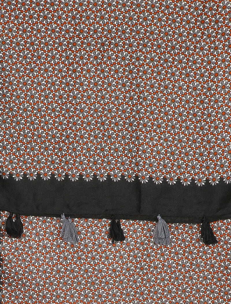 Foulard à imprimé mosaïque de fleurs et bords à pompons - Noir - 2