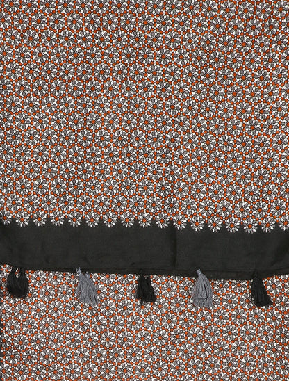 Foulard à imprimé mosaïque de fleurs et bords à pompons - Noir - 2