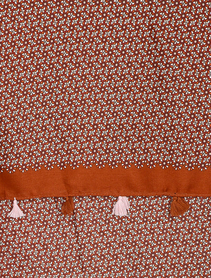 Foulard à imprimé mosaïque de fleurs et bords à pompons - Brique - 2