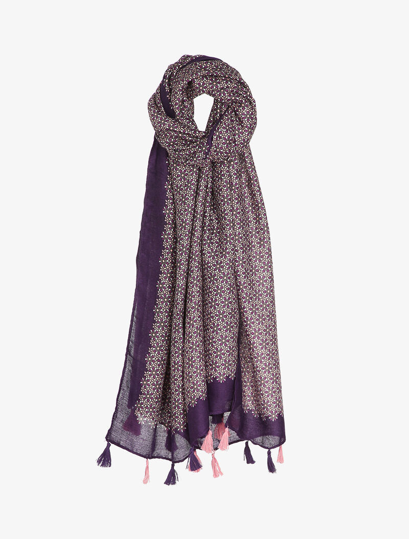 Foulard à imprimé mosaïque de fleurs et bords à pompons - Violet - 3