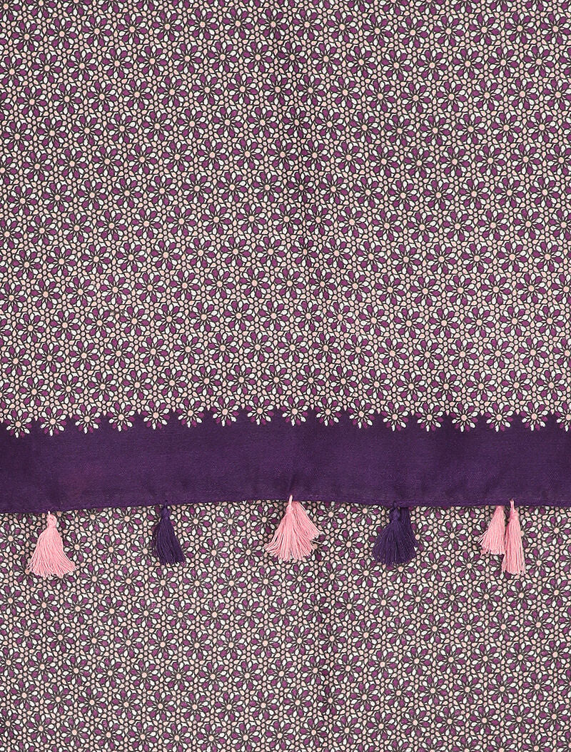 Foulard à imprimé mosaïque de fleurs et bords à pompons - Violet - 2