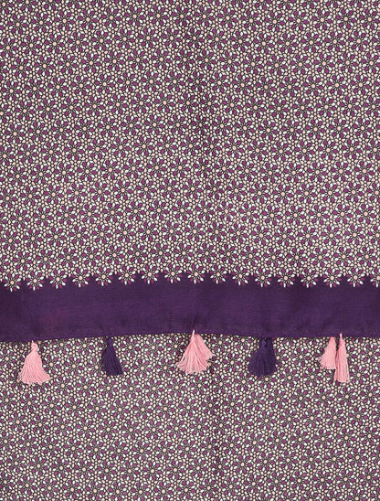 Foulard à imprimé mosaïque de fleurs et bords à pompons - Violet - 2