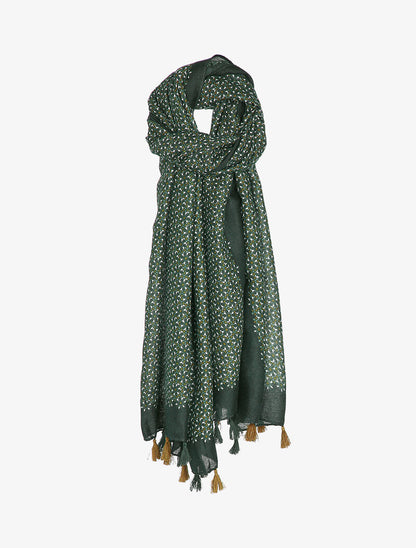 Foulard à imprimé mosaïque de fleurs et bords à pompons - Vert - 3