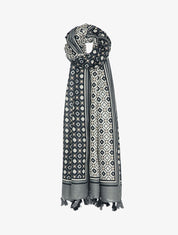 Foulard à motifs géométriques contrastants et bords à pompons - Gris foncé - 2