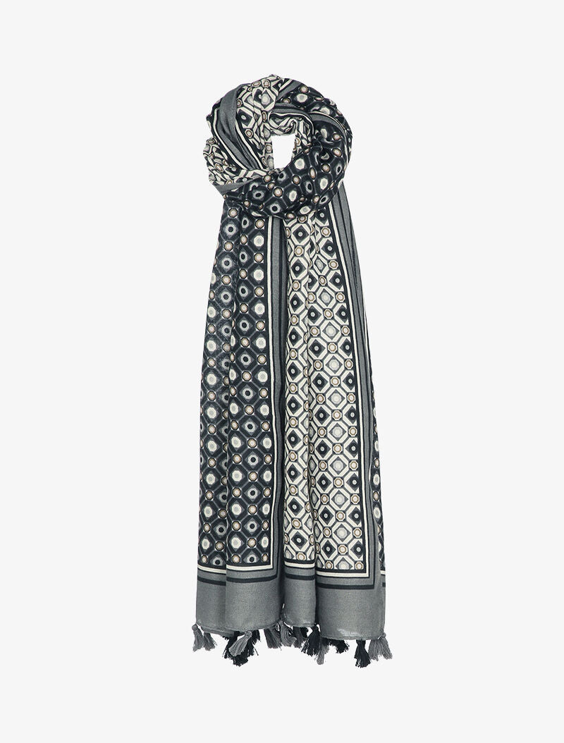 Foulard à motifs géométriques contrastants et bords à pompons - Gris foncé - 2