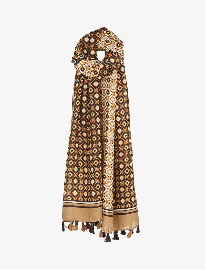 Foulard à motifs géométriques contrastants et bords à pompons - Beige - 3