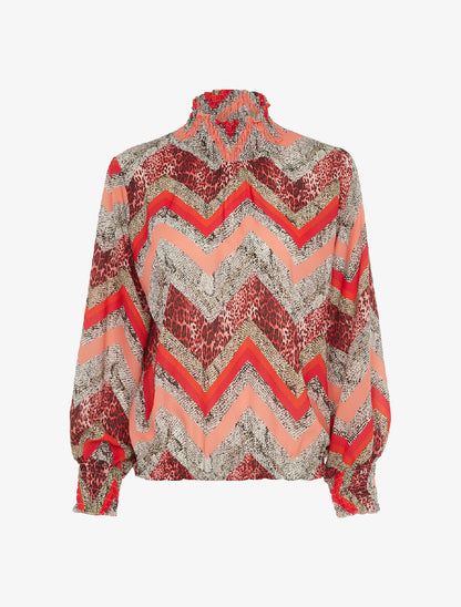 Blouse à col montant élastiqué imprimé animal - fushia - 1