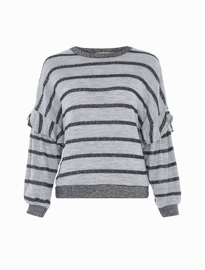 Pull effet sweat rayé à volants - Gris - 1
