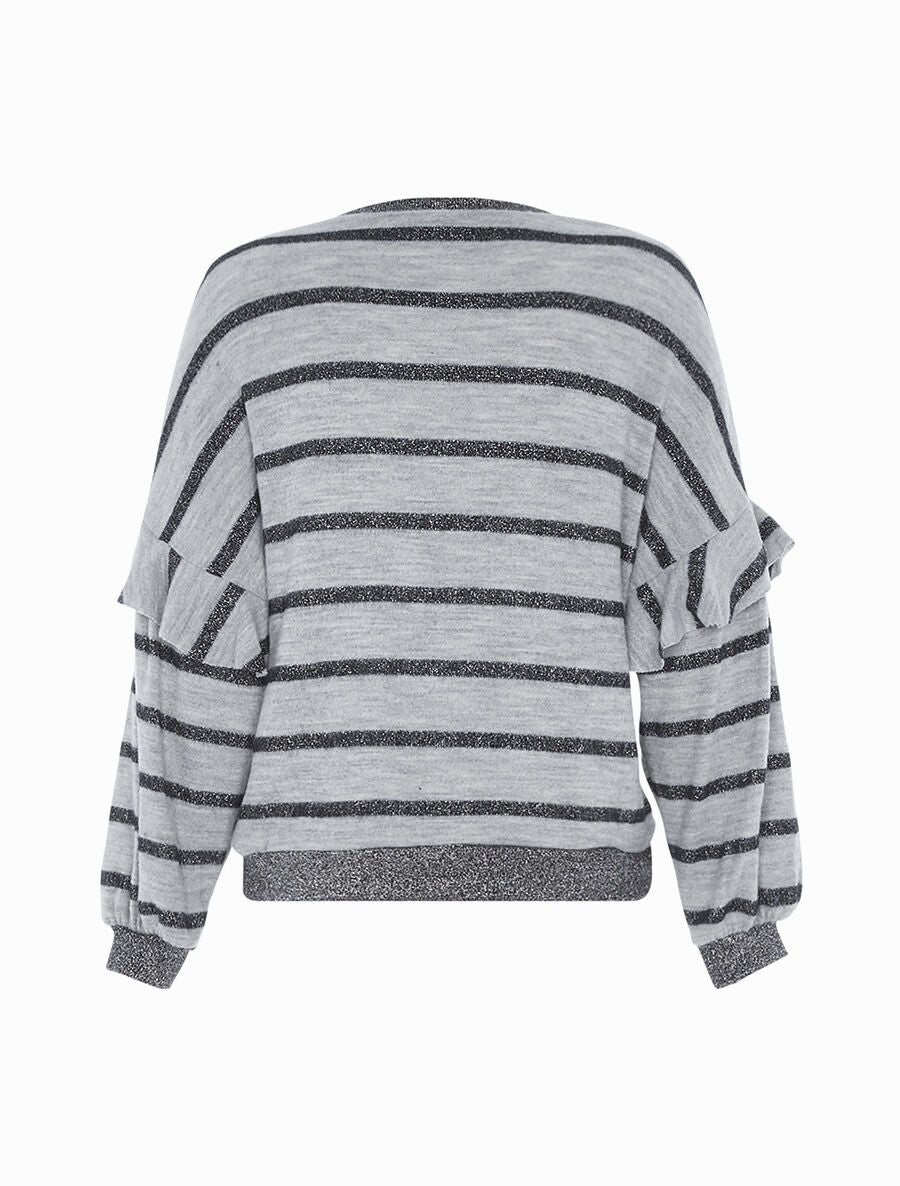 Pull effet sweat rayé à volants - Gris - 2
