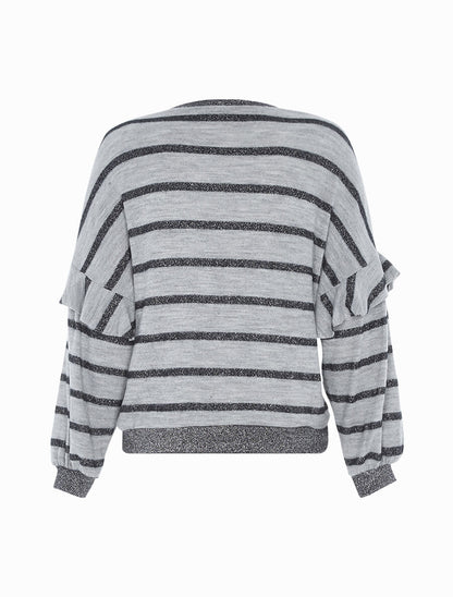 Pull effet sweat rayé à volants - Gris - 2