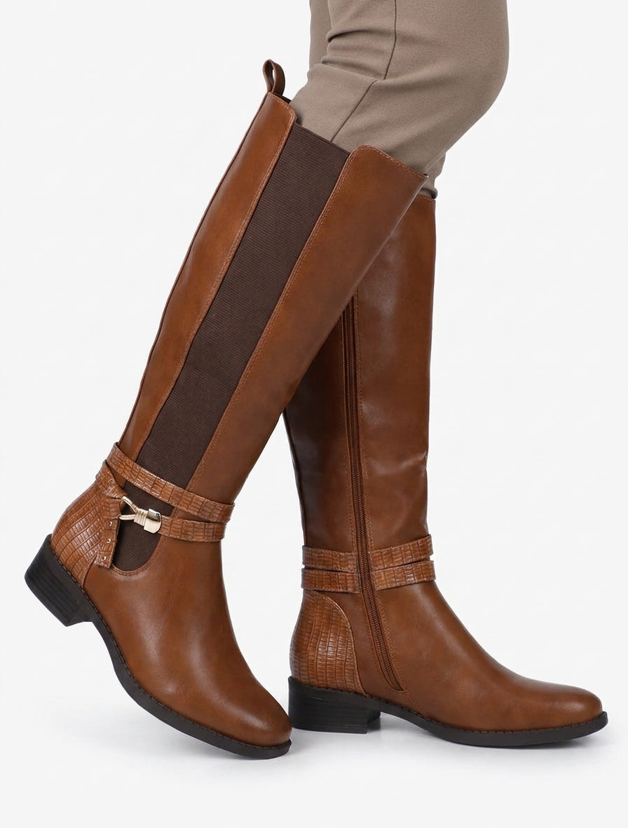 Elastische Stiefel mit Krokoprint-Fersenkappe - Kamel