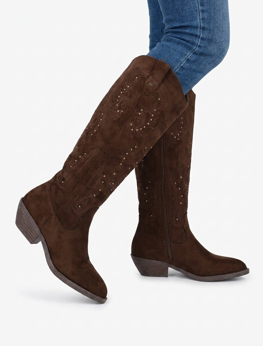 Stiefeletten im Wildleder-Look im Westernstil mit Nieten - Braun