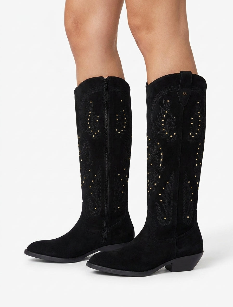 Stiefeletten im Wildleder-Look im Westernstil mit Nieten - Schwarz