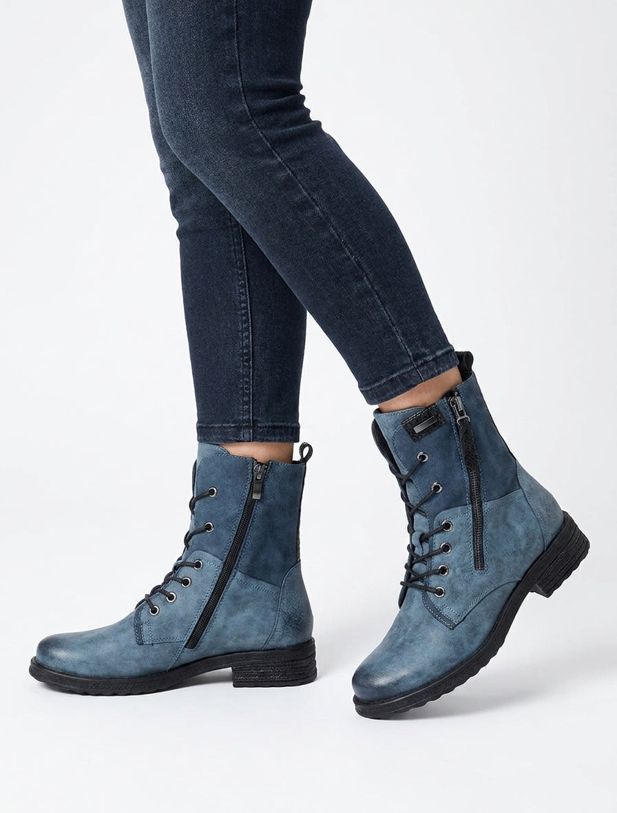 Schnürstiefeletten mit Reißverschluss und Python-Einsatz - Blau