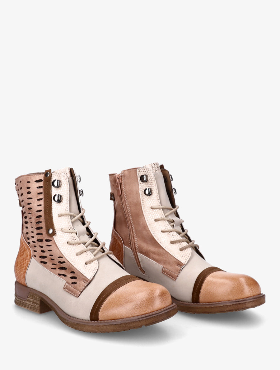 Bottines lacées à perforations irisées et python - Rose saumon - 4