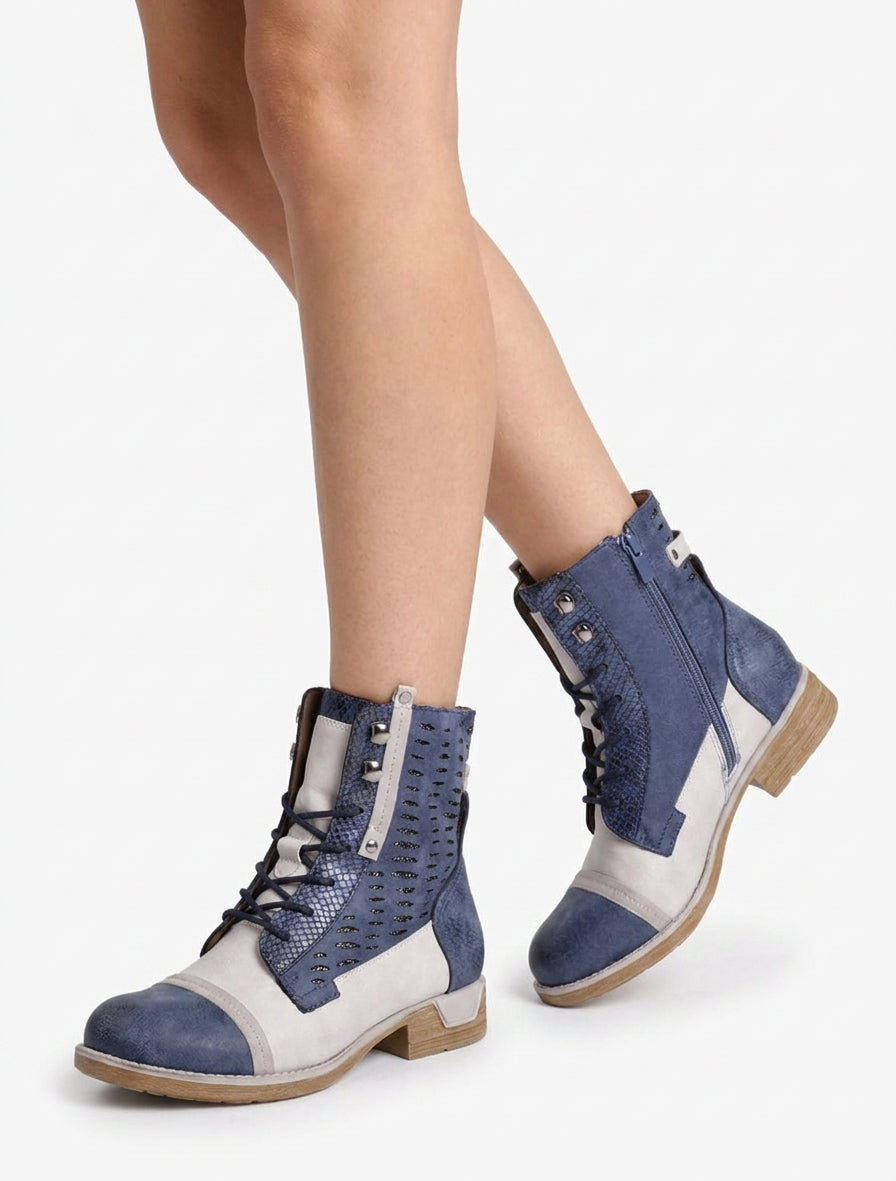 Irisierte geschnürte Stiefeletten mit Perforationen - Blau