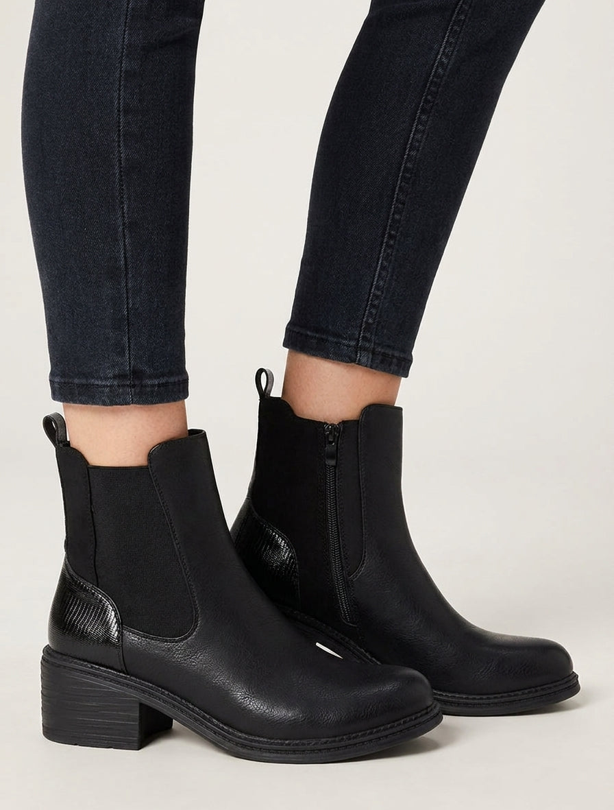 Bimaterial-Stiefeletten mit Python-Effekt-Fersenkappe - Schwarz