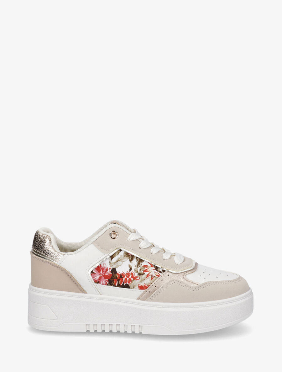 Baskets bi-matière imprimé fleuri - Beige - 1