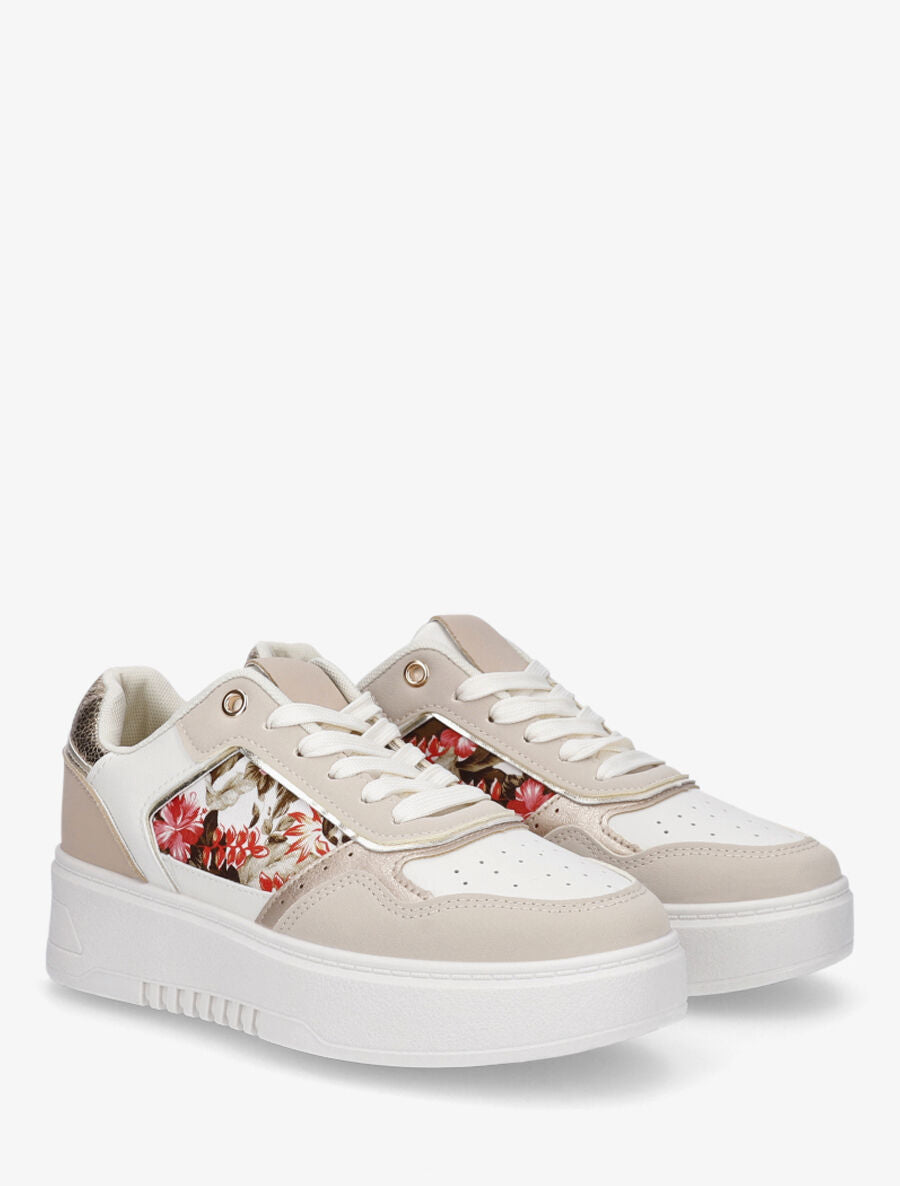 Baskets bi-matière imprimé fleuri - Beige - 4