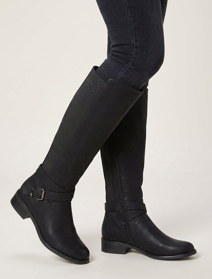 Elastische Stiefel mit Riemen und Schnalle - Schwarz