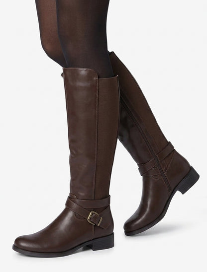 Elastische Stiefel mit Riemen und Schnalle - Braun