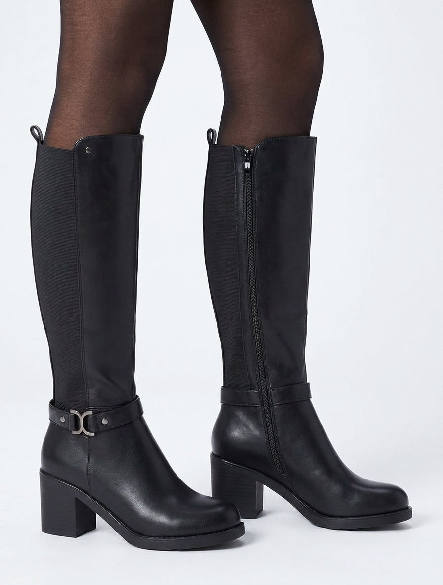 Elastische Stiefel mit Metallschnalle - Schwarz