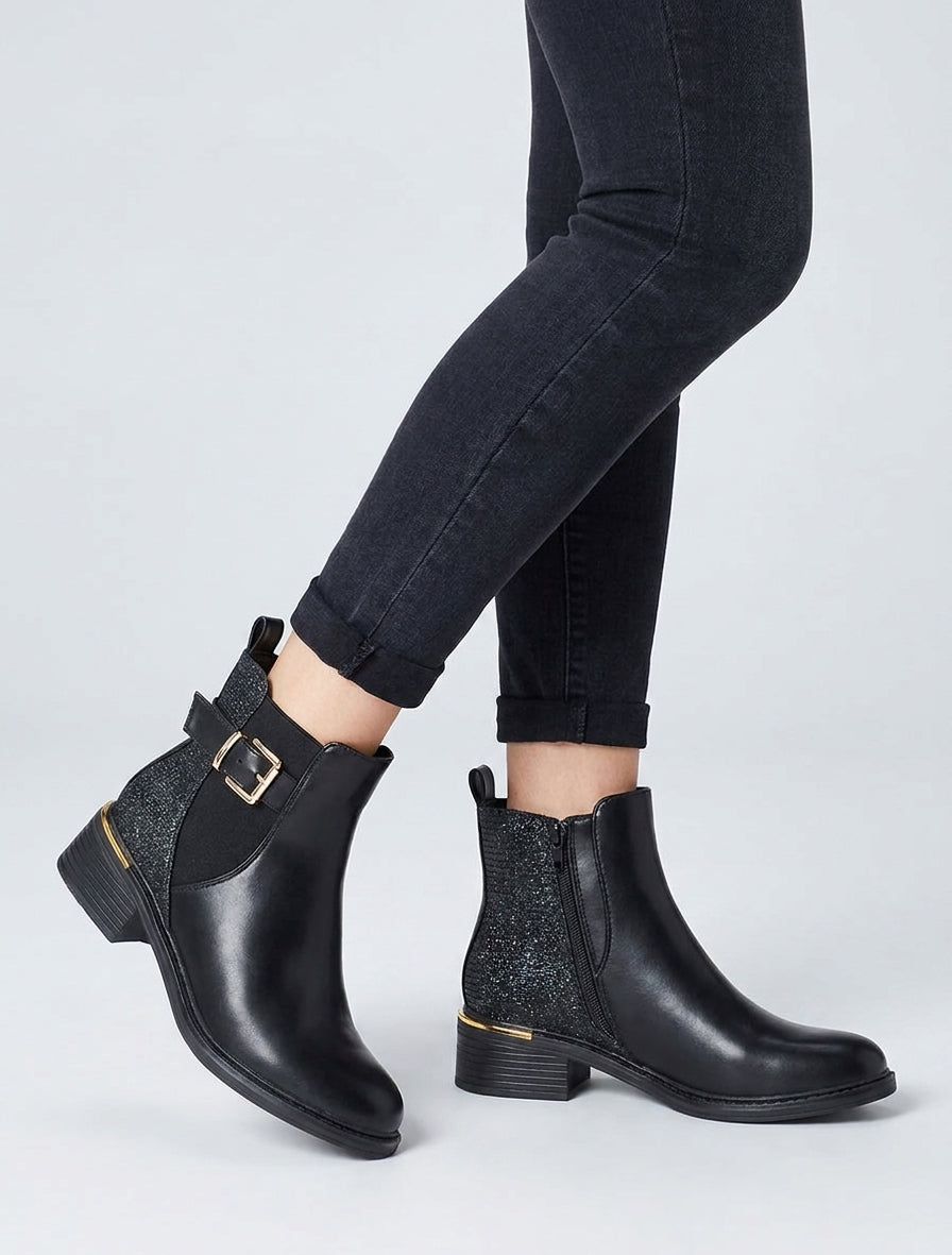 Elastische Stiefeletten mit schimmerndem Fersenverstärkung - Schwarz