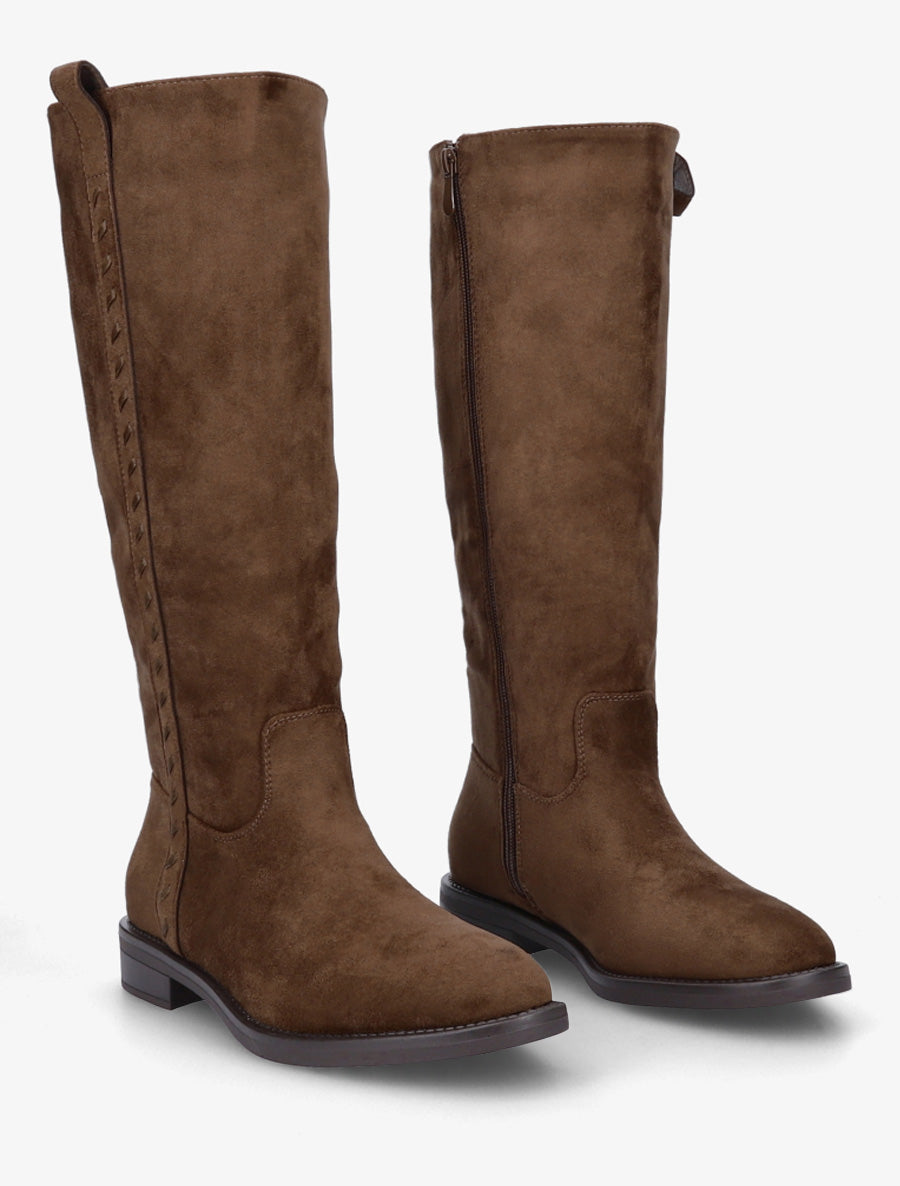 Bottes en suédine à coutures décoratives - Marron - 4