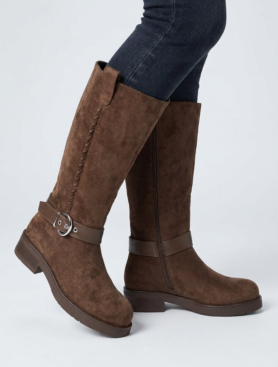 Gurtstiefeletten aus Wildlederimitat - Braun