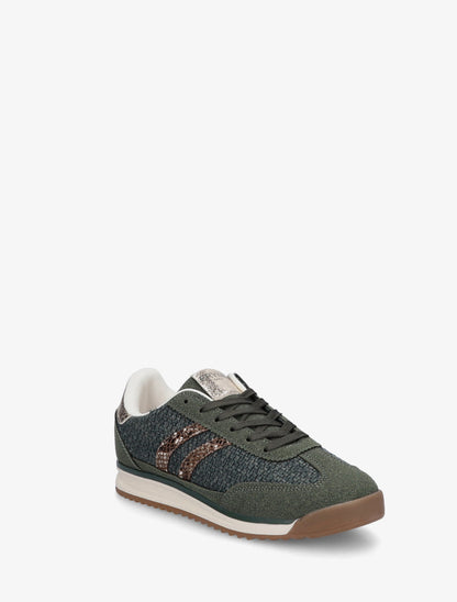 Baskets en tissu et suédine à bandes contrastantes - Vert foncé - 2